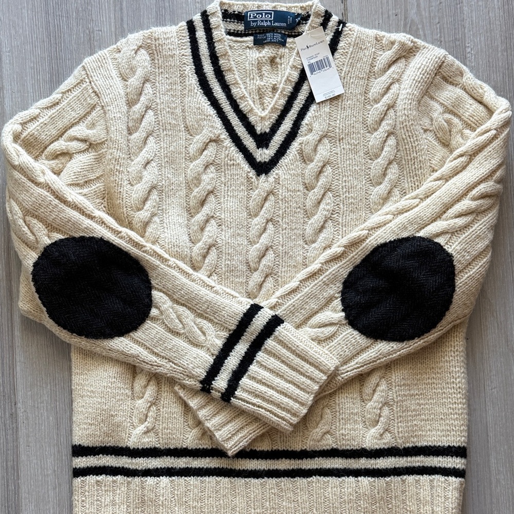Polo by Ralph Lauren Wool Men's V-Neck Sweater in Cream and Black
